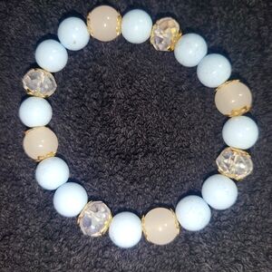 (New) Baby Blue, White & Clear Beaded Fashion Bracelet With Small Gold Accents